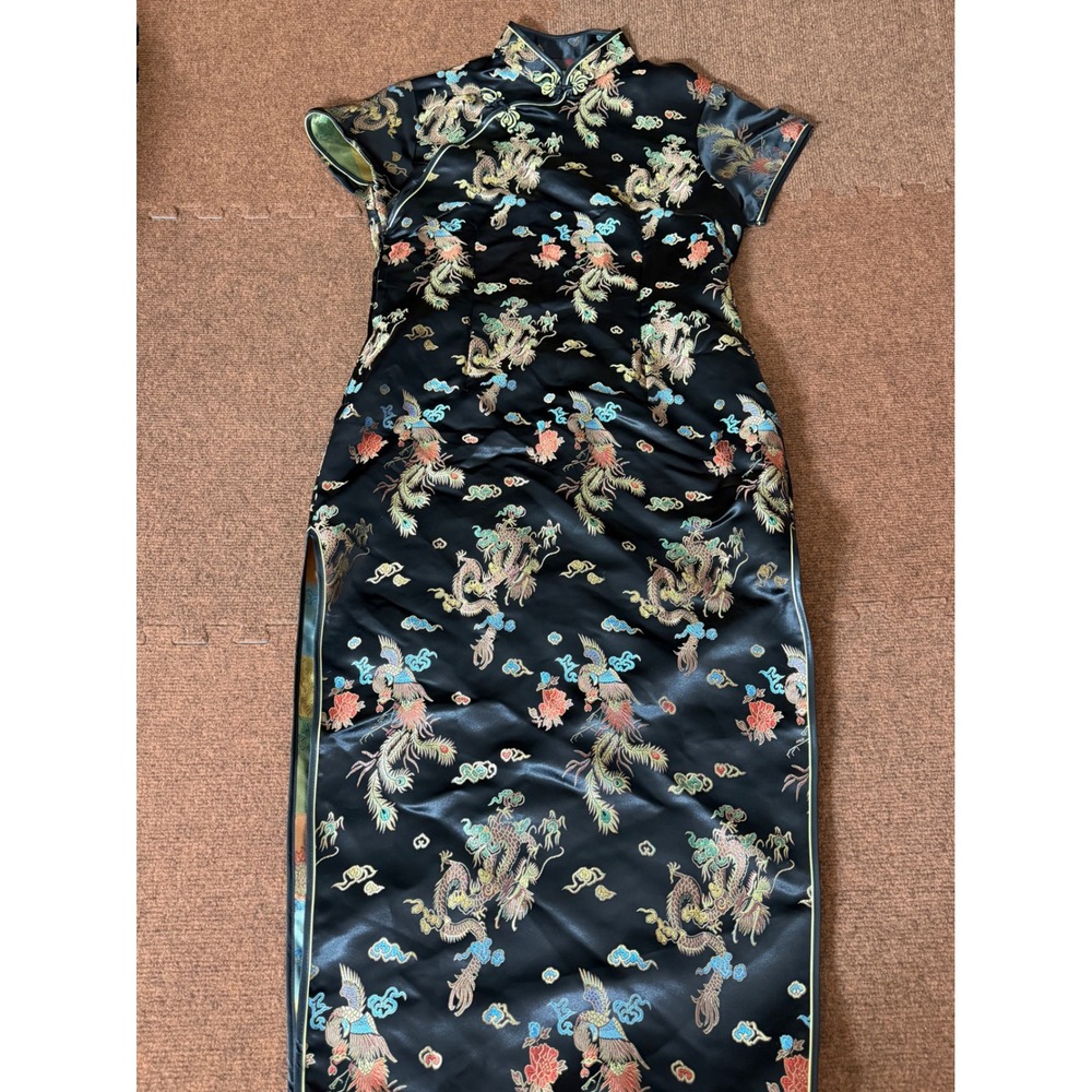 Black Satin Dragon-Print Maxi Cheongsam Dress